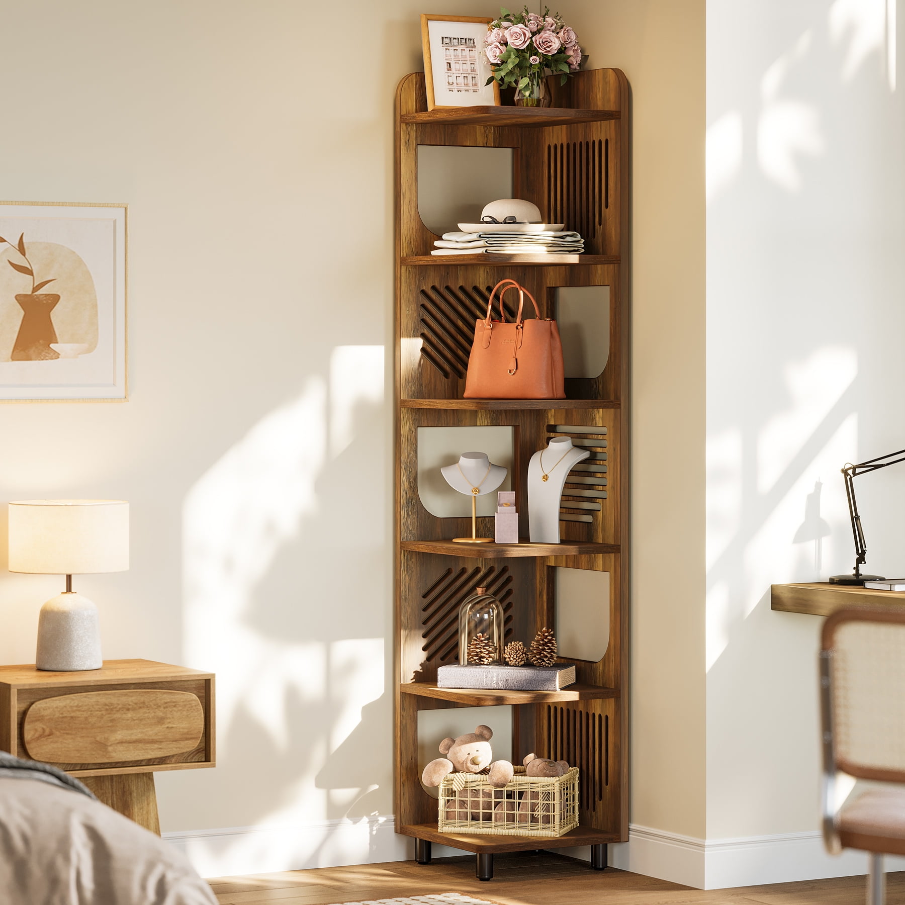 Finmind 71-Inch Rustic 6-Tier Corner Shelf Stand, Tall Narrow Corner Bookshelf Storage Rack, Plant Stand Display Shelf Organizer for Home and Office, Yellow