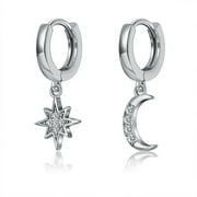 ZETSHION Moon Star Dangle Small Hoop Earrings Crystal Sterling Silver for Women Girls