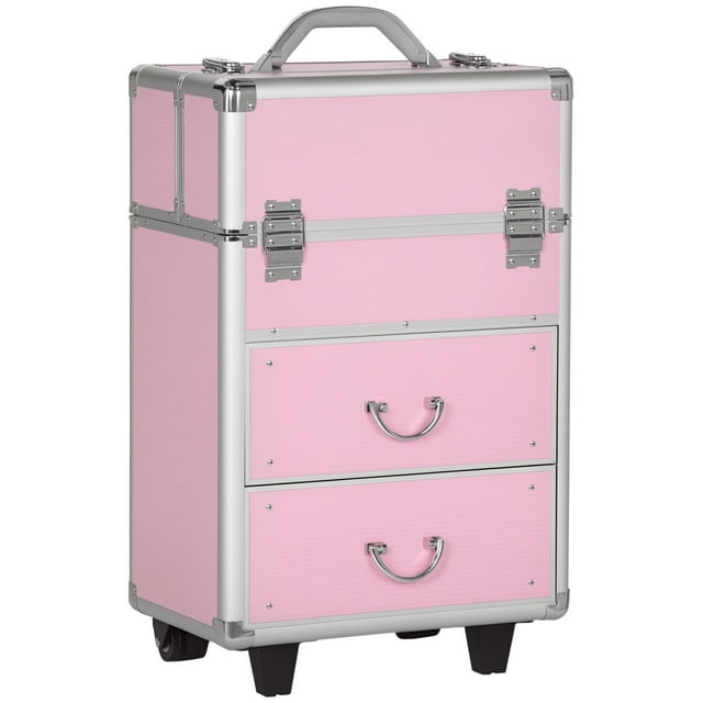 HOMCOM Rolling Makeup Train Case Traveling Cart w/ Swivel Wheel Keys Pink