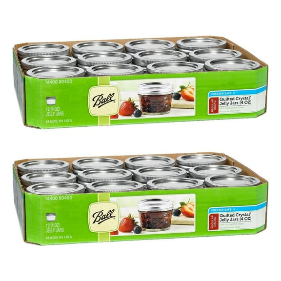 Ball Jelly Jars Quilted Crystal Glass Jars Lids and Bands 4 oz Regular Mouth 80400, 2 Cases of 12 Jars, Total of 24