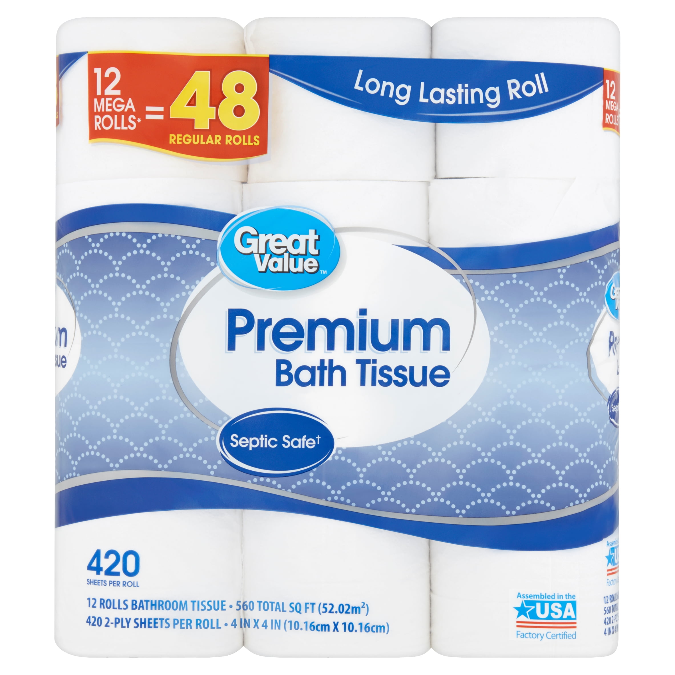 Great Value Soft & Strong Premium Bath Tissue, 12 Mega Rolls