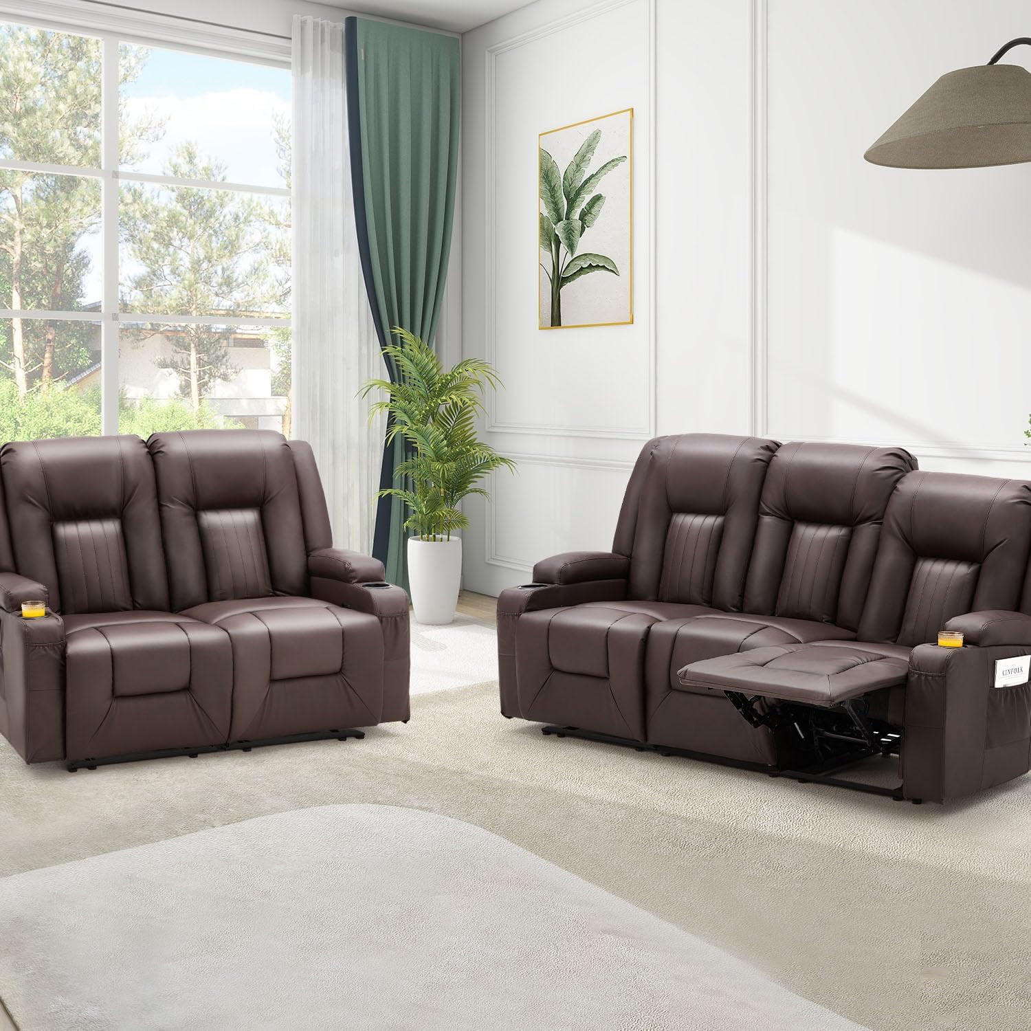 YODOLLA Manual Reclining Sofa with Side Pockets& Cup Holders, PU Leather Home Theater Seating, 3 Seat Recliner Chair in Brown