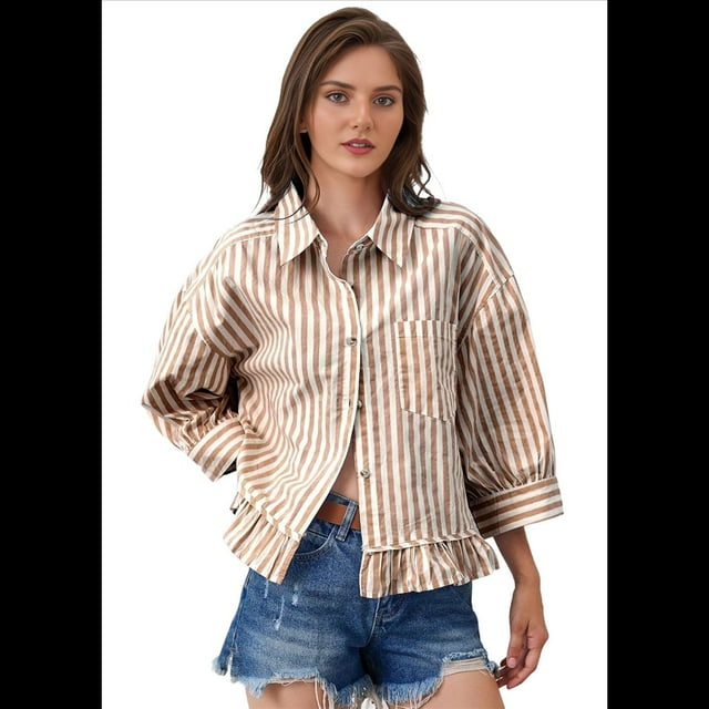 Camisa A Rayas con Botones, 3/4, Hombros Caídos, Corte Holgado, Dobladillo con Volantes, para Mujer Marrón M