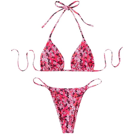 SOLY HUX Women's Floral Print Halter Triangle Tie Side Bikini Set Two ...
