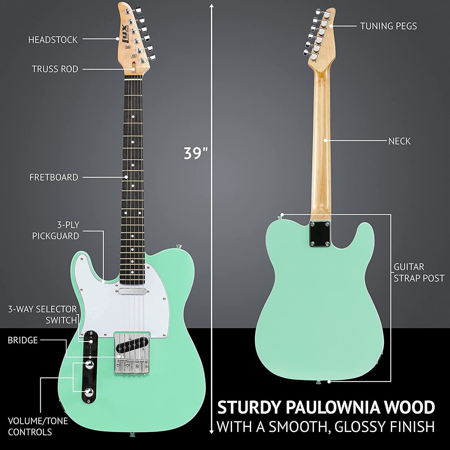 LyxPro 39" Left Hand Telecaster Electric Guitar