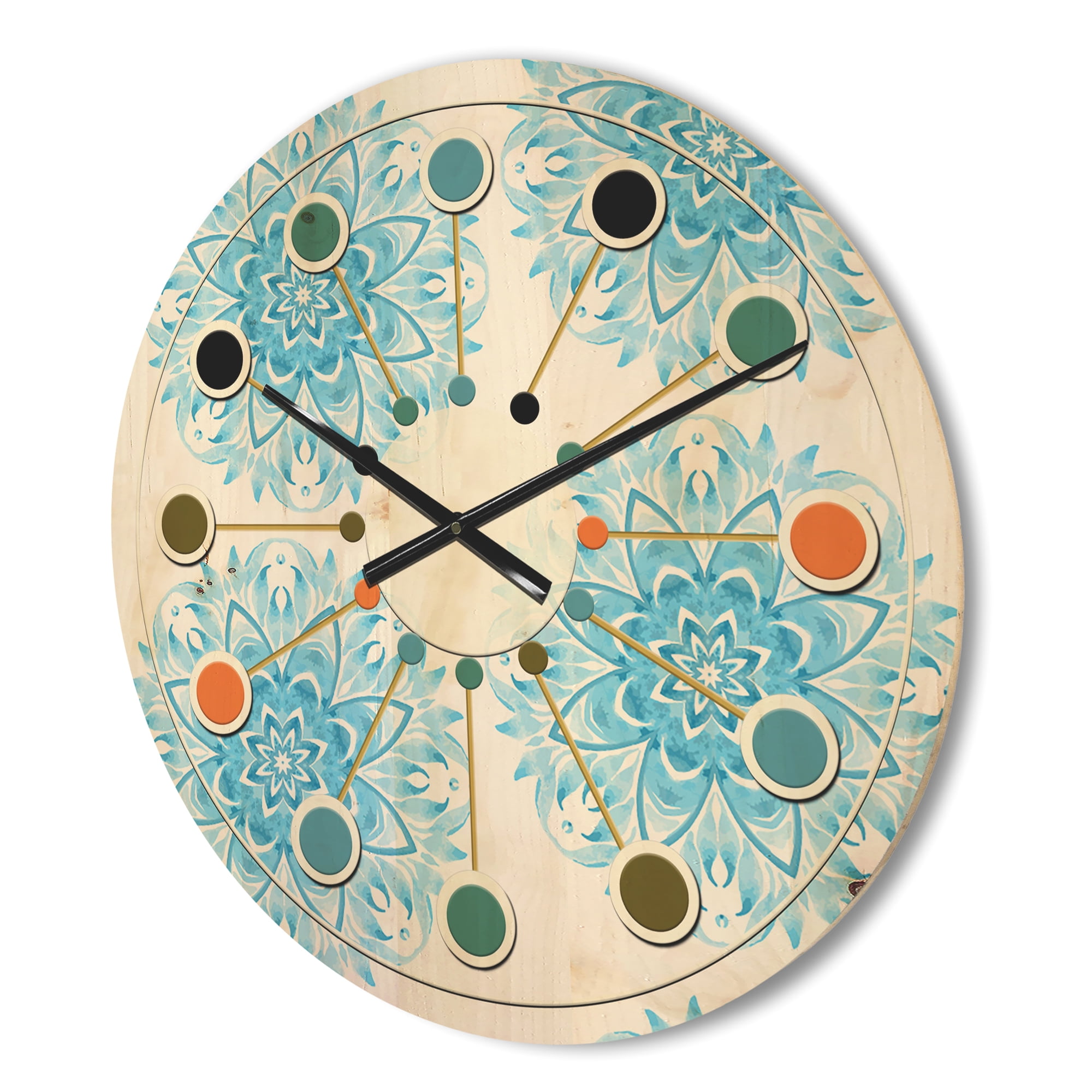 Designart 'Circular Retro Geometric In Blue' Mid-Century Modern Wood Wall Clock