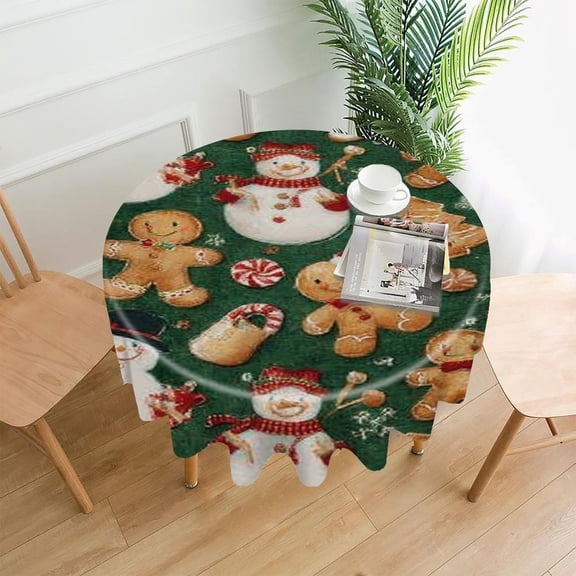 RKSupls 60 Inch Round Tablecloth, Gingerbread Snowman Cookies Premium Polyester Straight Edge Wrinkle Resistant Washable Table Cover for Party Home Dining Decor