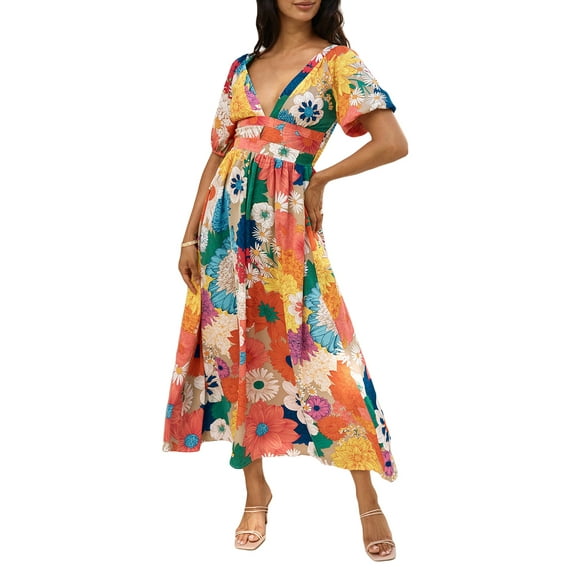 Michellecmm Women Long Dress Floral Print Tighten Waist V-Neck Smocked Short Sleeve Flowy Summer Wedding Dresses