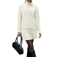 thumbnail image 3 of Female Sweater Skirt Sets 2 Piece Outfits Ribbed Knit Mock Neck Sweater Pullovers A Line Mini Skirt Set Cream White XL, 3 of 8