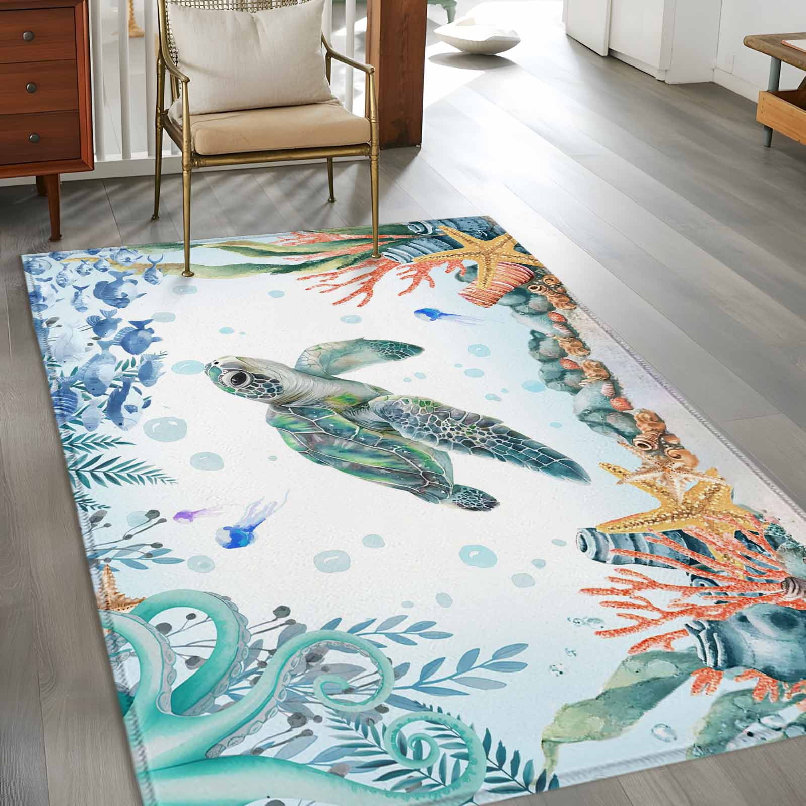 3'x5' Rug for Living Room Bedroom, Sea Turtle Coastal Washable Area Rugs Non-Slip Carpet Mats, Summer Nautical Starfish Coral Ocean Indoor Low Pile Area Rug Runner for Kitchen, Mudroom