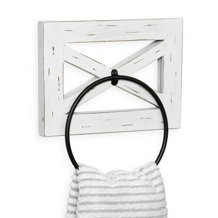 Ilyapa Rustic Hand Towel Ring for Bathroom- Wall Mounted Bathroom Hand Towel Holder - White Wood & Black Metal Ring, Farmhouse Decor