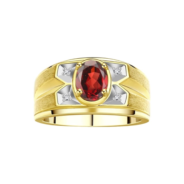 RYLOS Men's Rings Yellow Gold Plated Silver Rings Classic Designer Style 8X6MM Gemstone & Diamond Ring Garnet January Birthstone Rings For Men, Size 8