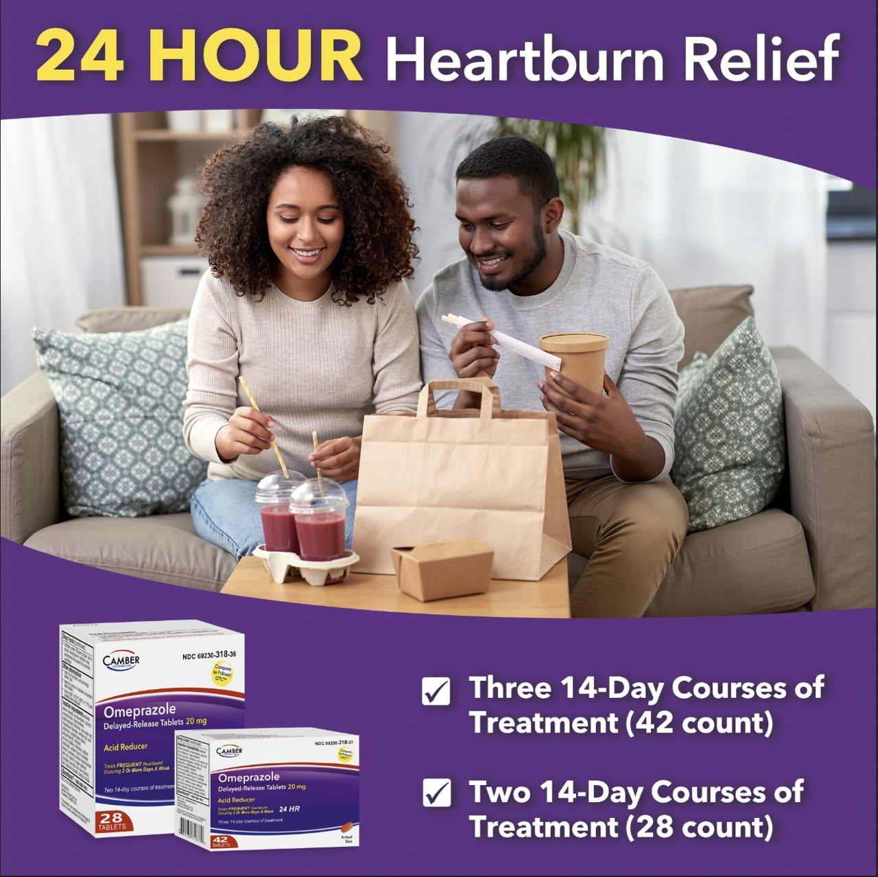 Camber Omeprazole 20mg Delayed-Release Tablets, Heartburn and Acid Reflux Medicine (42 Count)