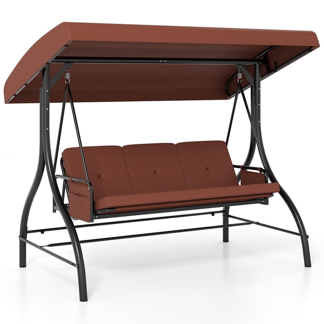 Gymax 3-Seat Patio Swing w/ Canopy & Removable Cushions & Side Pockets Stand Brown