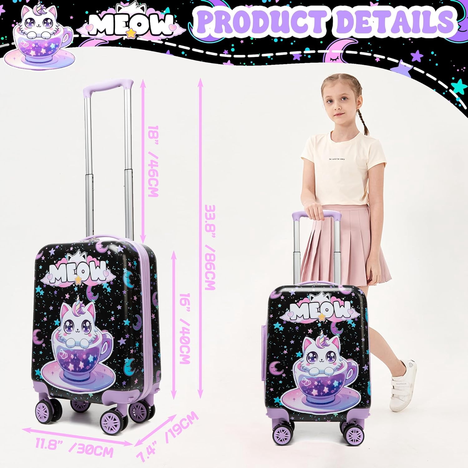Kids Luggage Sets for Girls 3 Piece Rolling Suitcases with Wheels Hardshell with Duffle Bag for Travel Suitcase with Neck Pillow Airplane