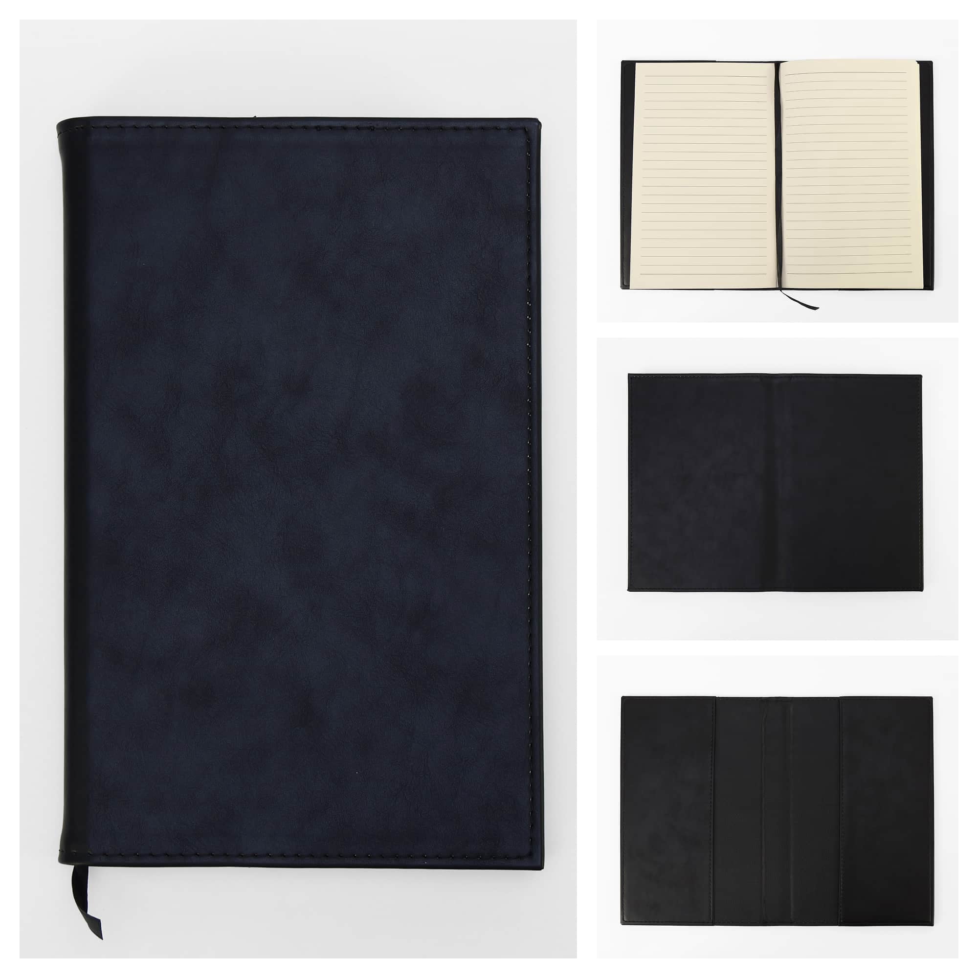 MakerFlo Laserette Refillable Journal for Adults, 8.75" x 5.5", Vegan Leather Cover with Lined Pages, pack of 12, Black