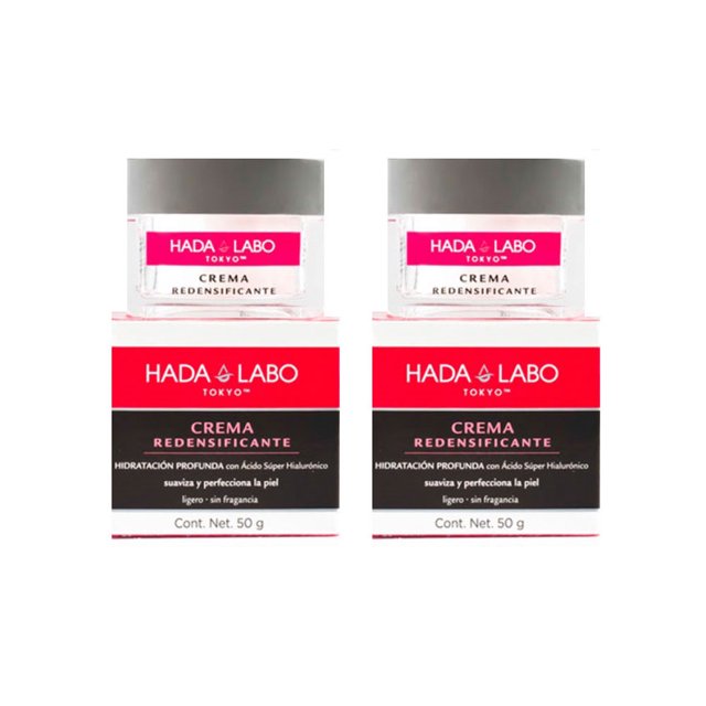 crema facial hada labo tokyo redensificante duo pack Pack de dos frascos frontales de crema redensificante HADA LABO Tokyo con tapa plateada y etiqueta rosa; cajas blancas con franjas rojas y negras que mencionan hidratación profunda con Ácido Súper Hialurónico, 50 g cada uno, sobre fondo blanco.