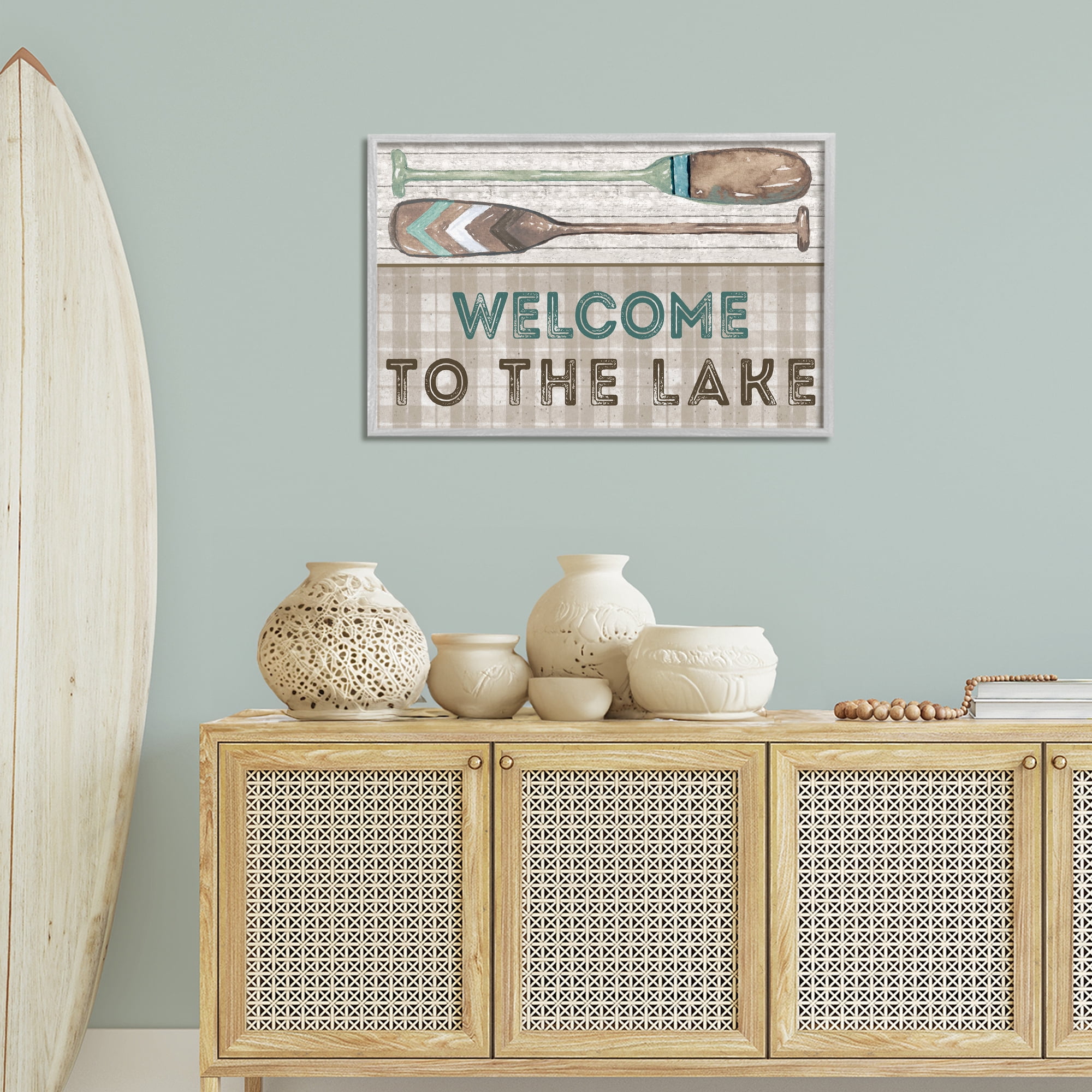 Stupell Industries Rustic Welcome Lake Oars Typography Painting Gray Framed Art Print Wall Art, 30 x 20