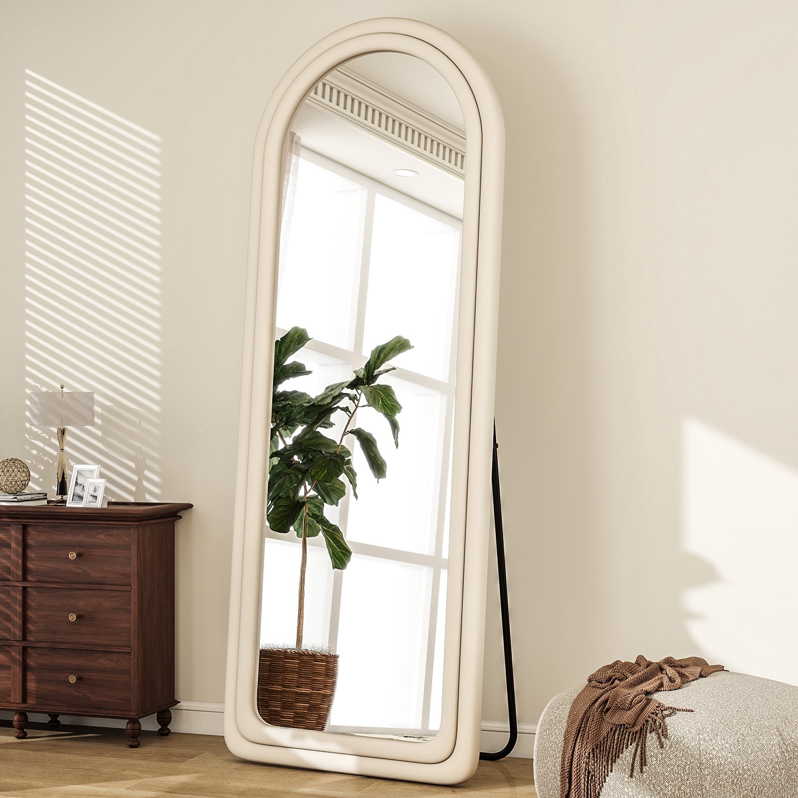 Puremirror 63"x24" Arched Full Length Mirror Round-Edge Floor Mirror With Flannel Frame, White