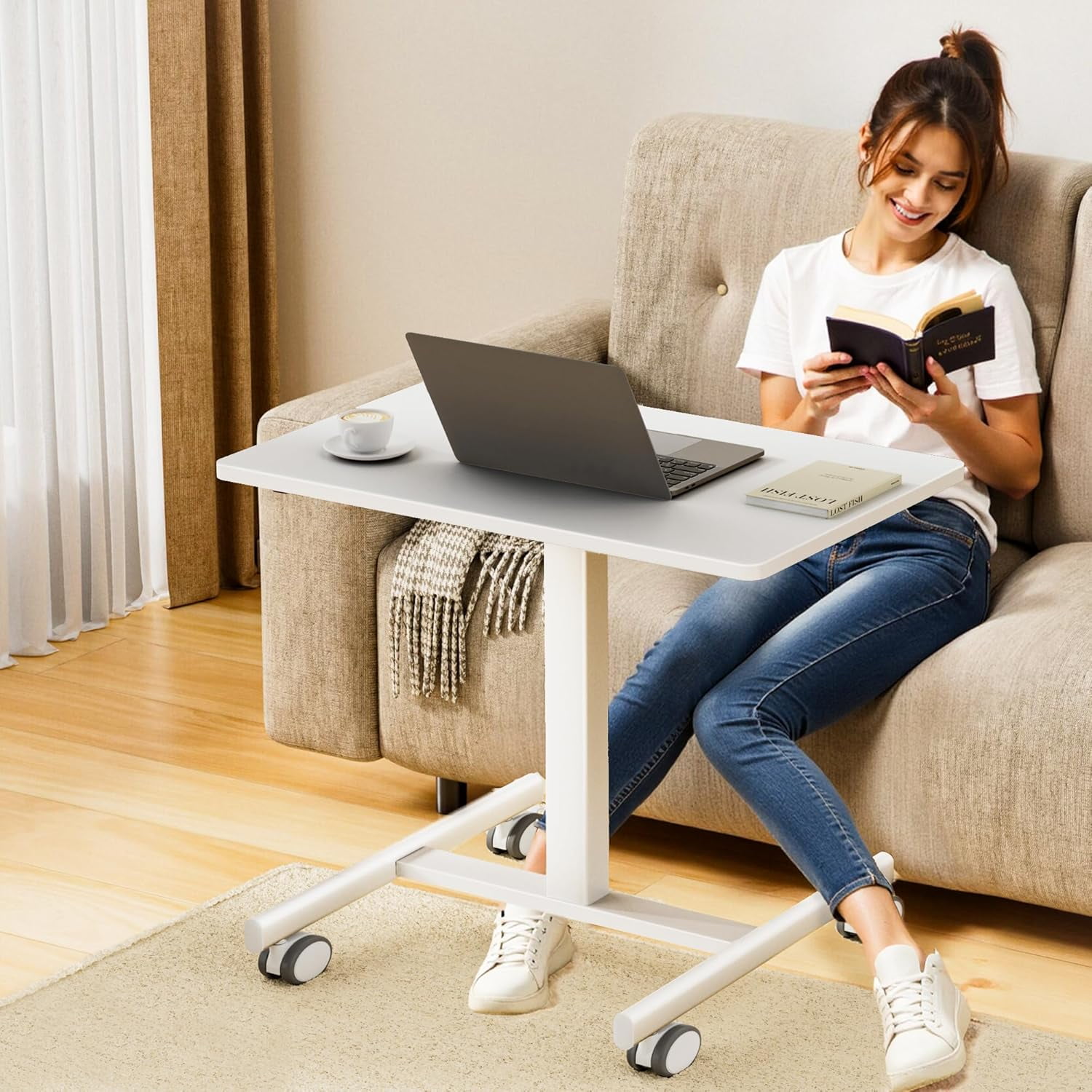 JessieMal Mobile Laptop Standing Desk Adjustable Height, Small Mobile Desk Workstation with Wheels, Portable Rolling Computer Desk Cart for Home Office Classroom (White)