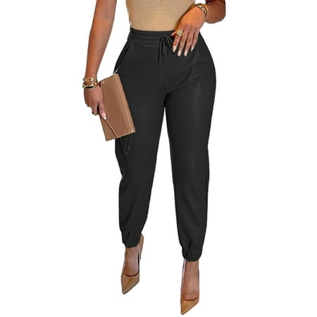 

Frontwalk Women Plain Faux Leather Leggings Drawstring Waisted Joggers Pants PU Leather Pants with Pockets