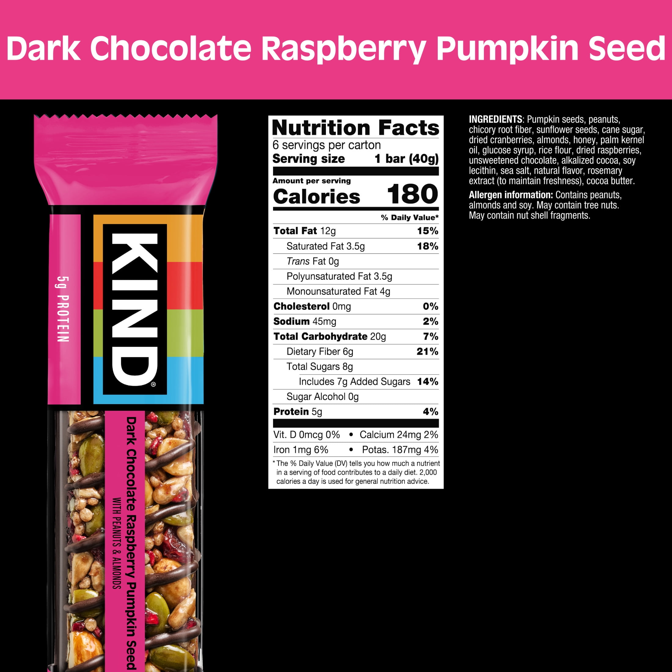 (6 pack) KIND Seeds Fruit & Nuts Snack Bar, Dark Chocolate Raspberry Pumpkin Seed, Gluten Free, 6 Count Box