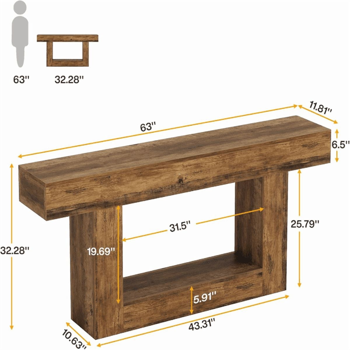 63" Farmhouse Console Table - Rustic Brown & Vintage Gray U-Shaped Base, E1 MDF with Lower Shelf, Versatile for Entryway, Living Room, Behind Couch, TV Stand