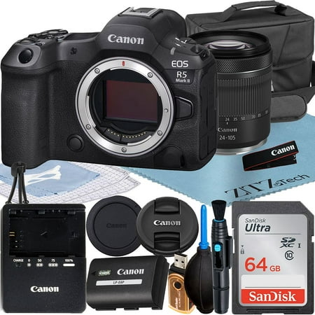 Canon EOS R5 Mark II Mirrorless Camera with RF 24-105mm Lens + 64GB Memory Card + Case + ZeeTech Accessory Bundle