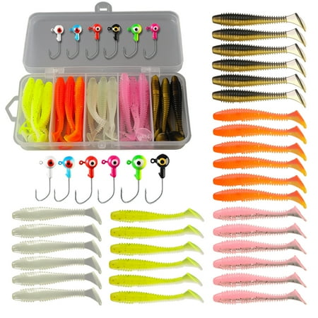 ByPaCrow 36 Pcs Fishing Lures with Heads Hooks Kit Artificial Soft Plastic Grubs Soft Fishing Soft Lures for Bass Freshwater Saltwater Crappie Trout