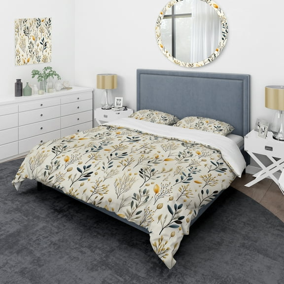 Designart "Nature In Minimalist Style" Blue Plants Bedding Covert Set - Bohemian & Eclectic Bed Set With 2 Shams