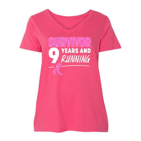 

Inktastic Breast Cancer Survivor 9 Years and Running with Pink Ribbon Women s Plus Size V-Neck