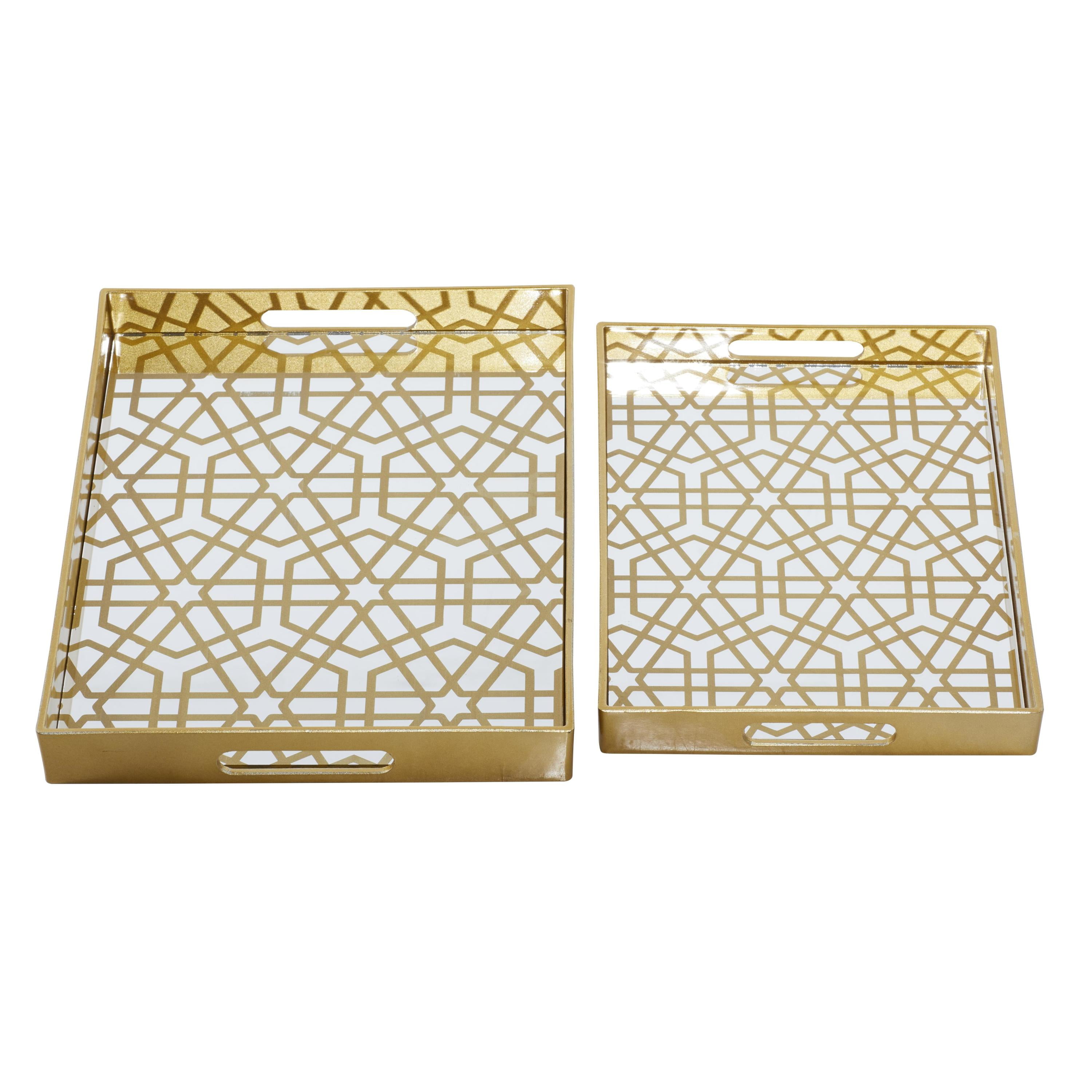 CosmoLiving by Cosmopolitan 14", 16"W Gold Plastic Mirrored Geometric Tray, 2-Pieces