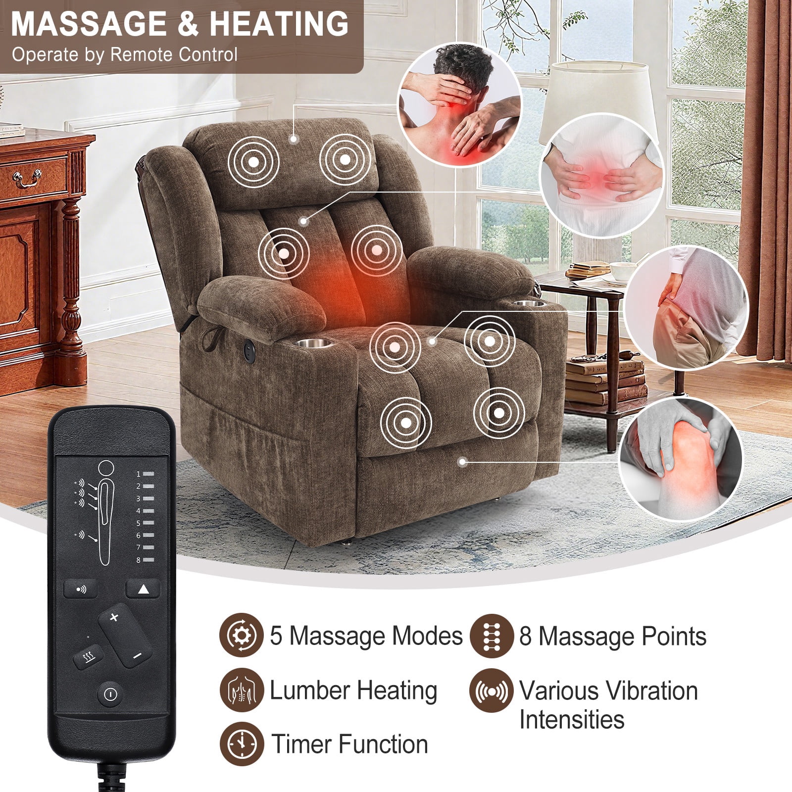 WACASA Lay Flat Recliner Chair with Heat and Massage, Dual Motor Lift Chairs for Elderly with Cup Holder, USB Ports, Oversized Power Recliners for Adults-Brown
