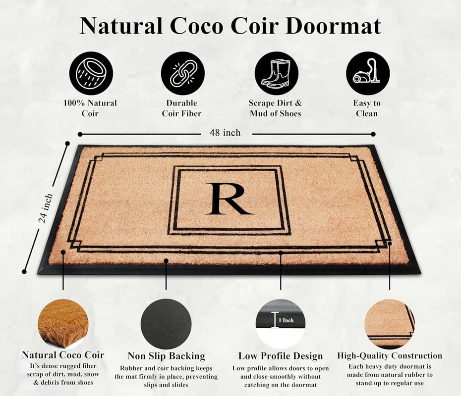 A1 Home Collections Rubber & Coir Mat, Heavy Duty, Extra Large, Front Door Mat 24"X48", Black/Beige Doormat Monogrammed R