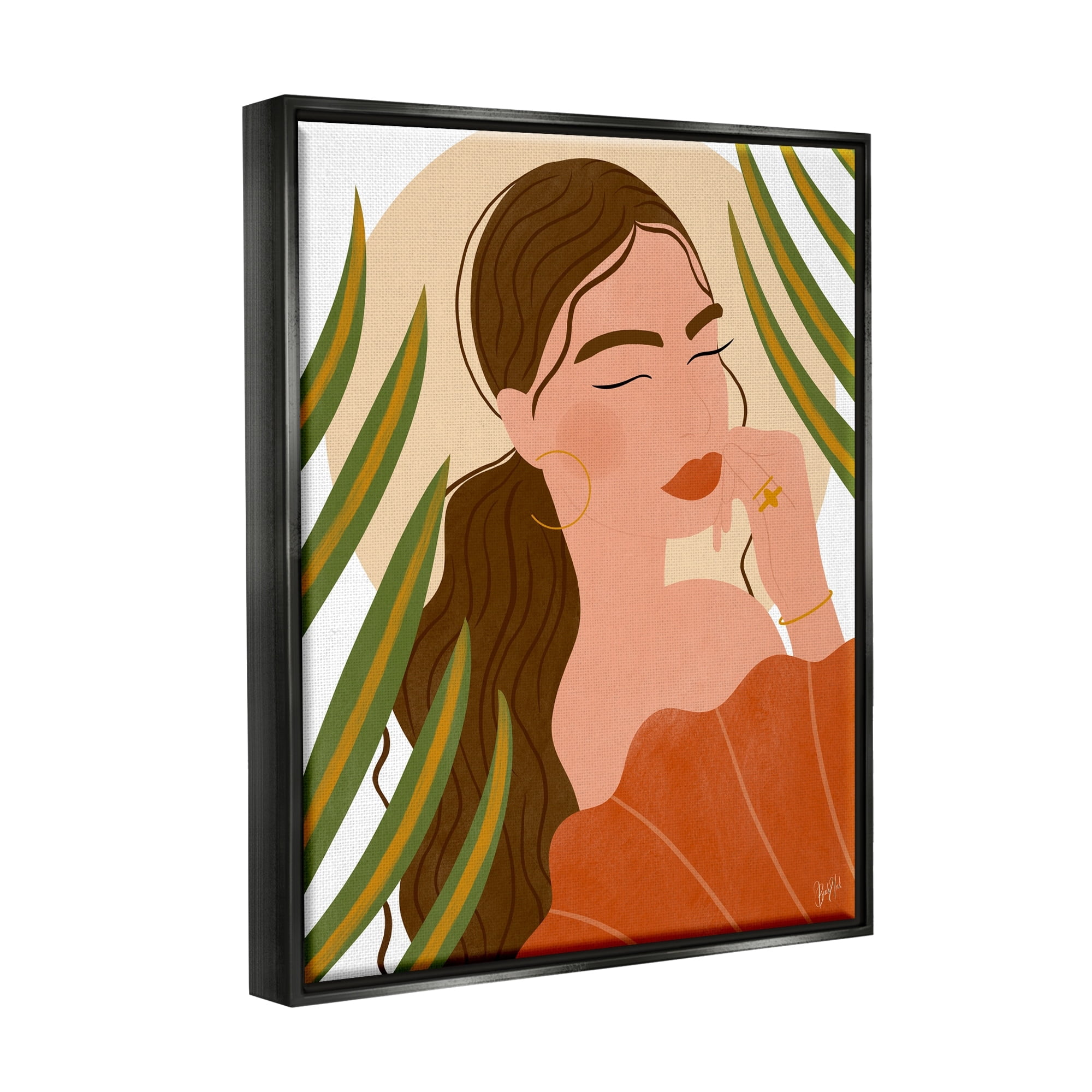 Stupell Industries Woman Tropical Snake Plant Leaves Circle Cutout Shape Graphic Art Jet Black Floating Framed Canvas Print Wall Art, Design by Birch&Ink