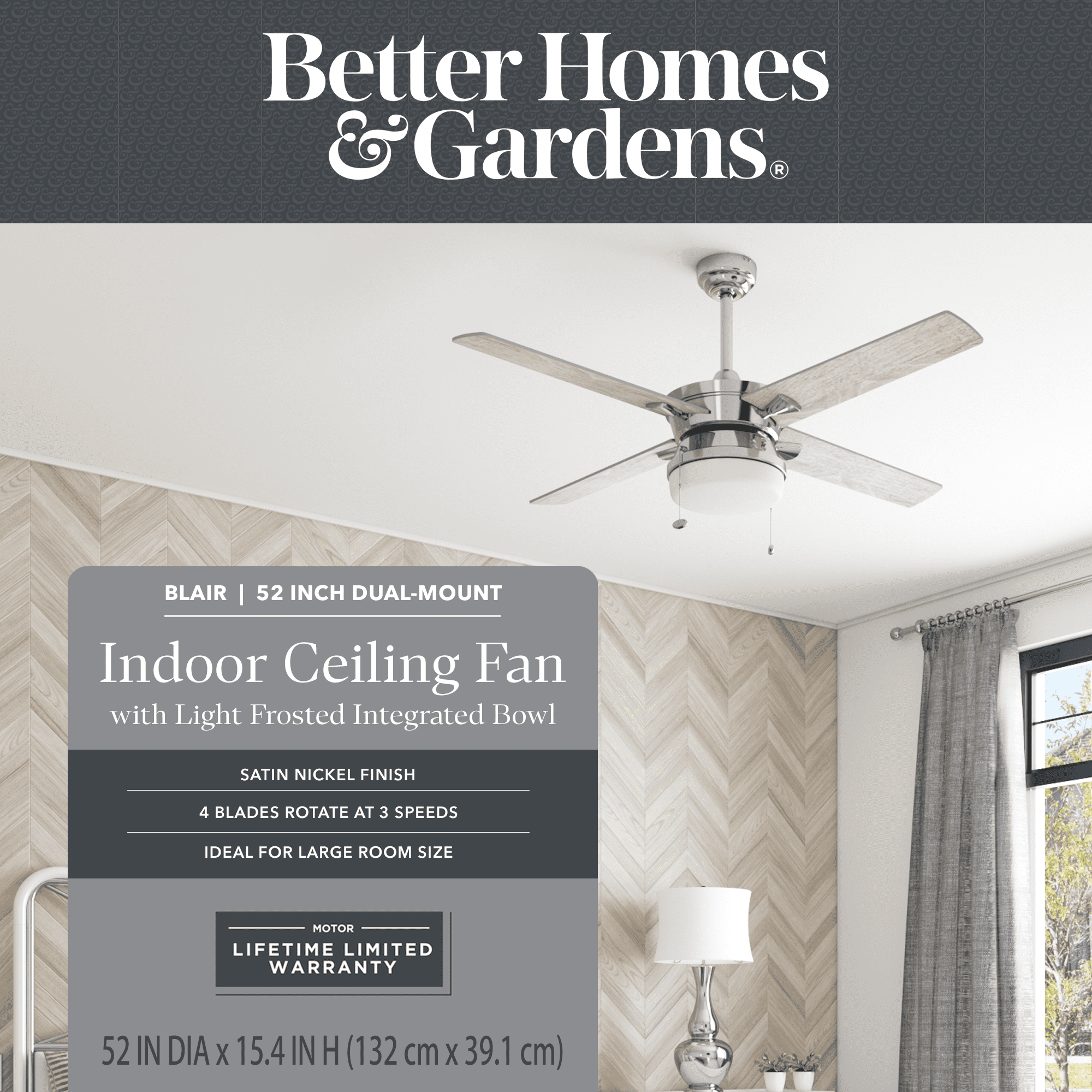 Better Homes & Gardens Blair 52" Nickel Modern Indoor Ceiling Fan with Light, 4 Blades, Pull Chains & Reverse Airflow
