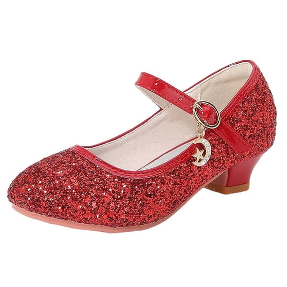 ZToonmas Big Kids Girls Glitter Mary Jane Low Heel Princess Shoes for 4-12.5 Years Crystal Buckle Ankle Strap Sparkly Non-Slip Soft Sole Dress Heels for Wedding Flower Girl