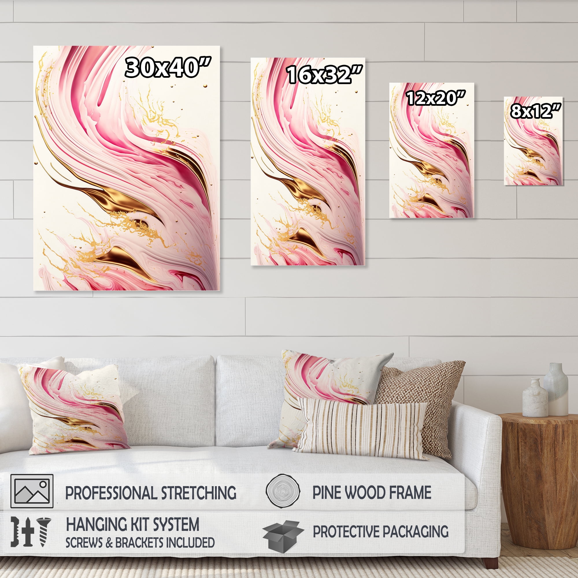 Designart Bold Pink And Gold Flow Art I Canvas Wall Art