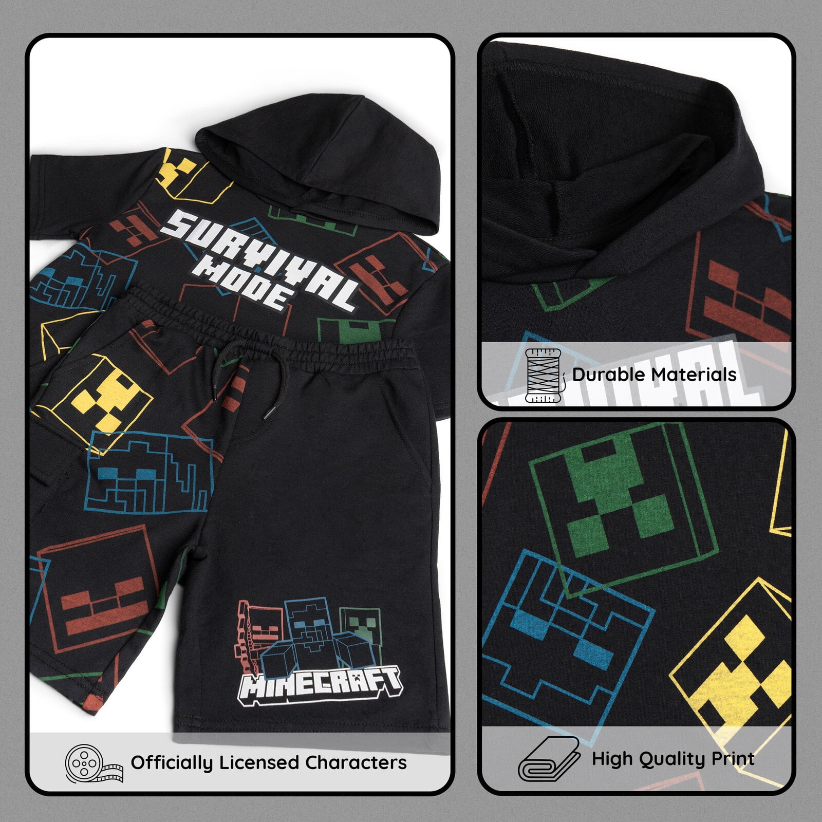 Minecraft Big Boys' 2-Piece Hooded Tee and Shorts Set Black