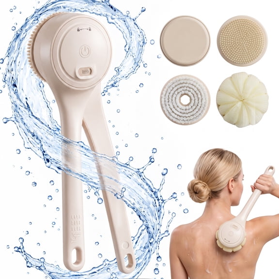Bokyan Electric Body Brush, Rechargeable Shower Brush with Long Handle, IPX7 Waterproof Spin Skin Brush with 4 Brush Heads, Head Holder