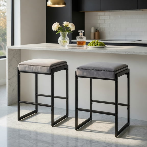 GVN 26 Inch Bar Stools Set of 2 Counter Height Chair with Faux Leather Upholstered Seat for Kitchen Island Dining Room Home Bar Furniture, Gray