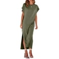 thumbnail image 2 of Lucakuins - Vestido de playa informal de verano para mujer, color sólido, manga corta de murciélago, cuello redondo, vestido dividido Lucakuins  moda, 2 of 8