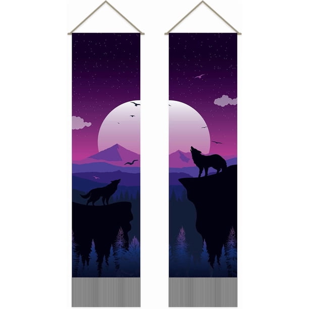 Paquete de 2 tapices de aullido de lobo de luna de sangre, tapiz vertical de luna de sangre, tapiz de borlas de lobo místico para colgar en la pared