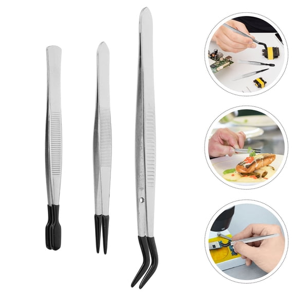 ELAYARD 3Pcs Stainless Steel Tweezers Kit for DIY Crafting with Ergonomic Handle Plated Silver Finish
