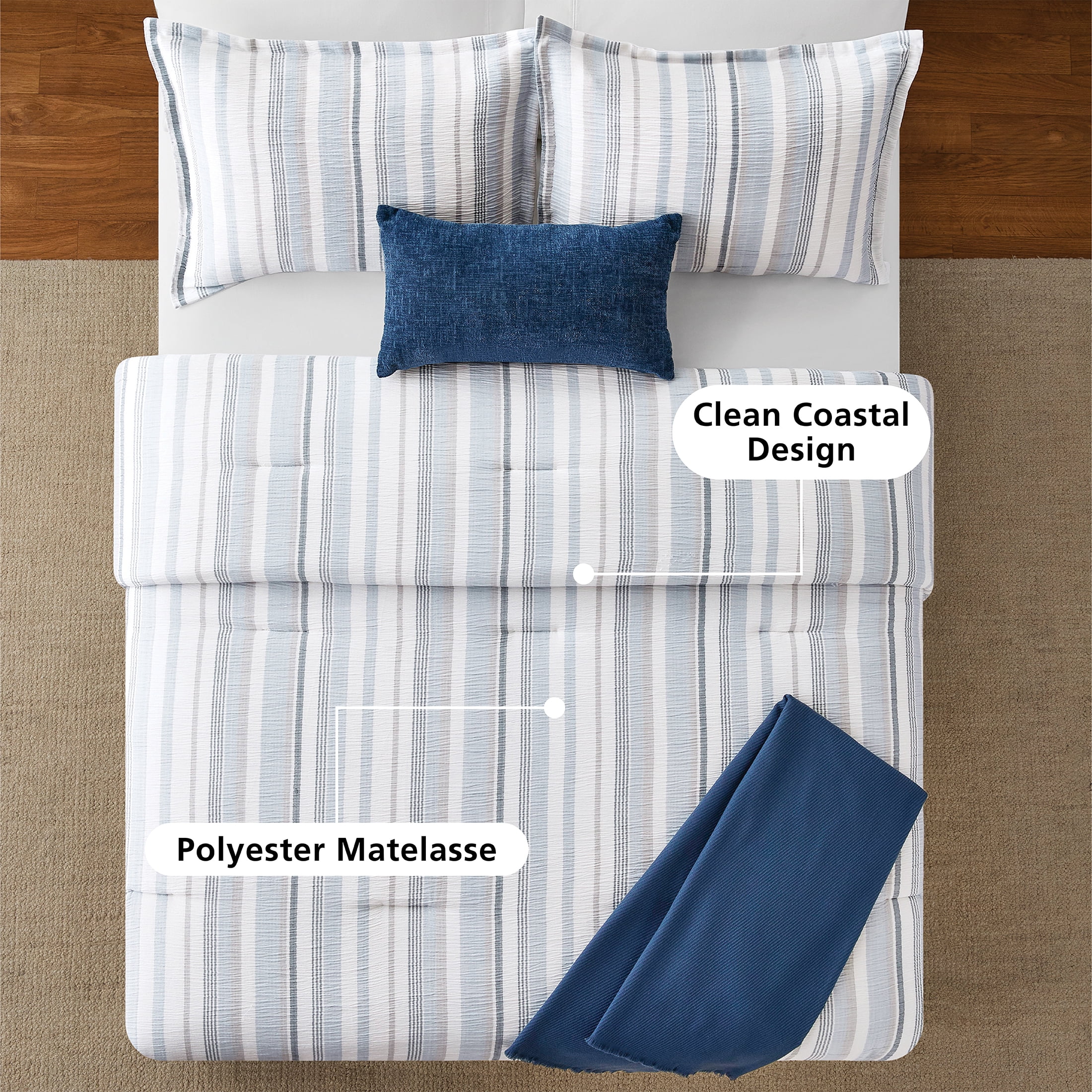 Mainstays Full/Queen 5-Piece All-Season Comforter Set, Blue Yarn Dyed Stripe