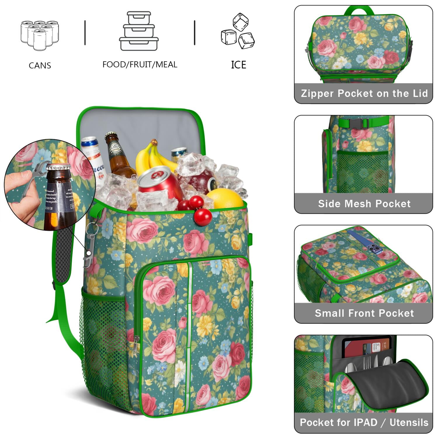 Travel Cooler Bag - Pioneer Flower Camping Beer Cooler Backpack with Bottle Opener- Waterproof Insulated Picnic Backpacks - Cooler Bag for Beach