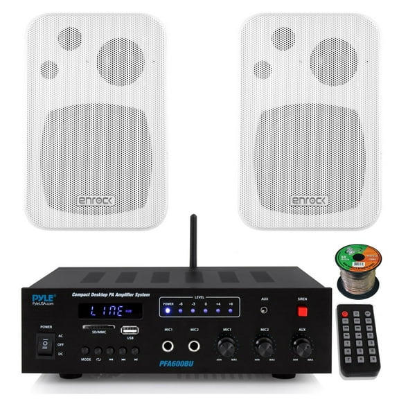 Pyle PFA600BU Compact Bluetooth USB AUX FM Radio Public Address Amplifier Receiver System Combo Bundle with 2x 4" 30 Watts Max Power 3-Way In Door/Out Door White Box Speakers, 16 Gauge Speaker Wire