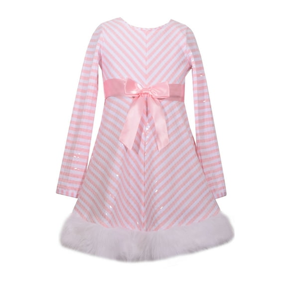 Bonnie Jean Girl's Holiday Winter Dress - Pink and White Stripe Santa Dress, 2T