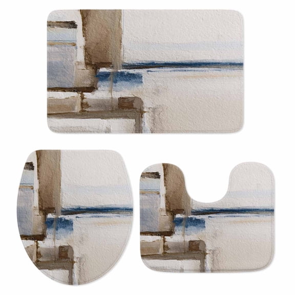 Beige Brown Blue Bath Mat 3 Piece Bathroom Rug Set, Vintage Abstract Mottled Texture Non Slip Bath Rug Contour Mat and Toilet Lid Cover, Absorbent Shower Mats Soft Bath Rugs and Mats Sets