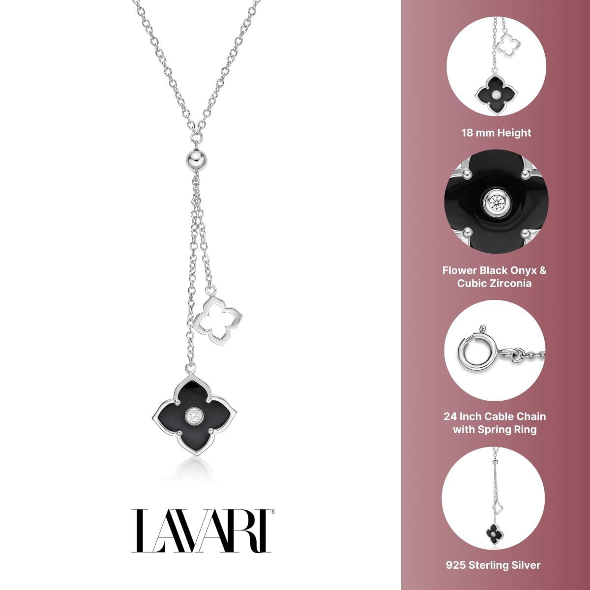 Lavari Jewelers Flora Women's Black Onyx Double Flower Pendant Necklace in 925 Sterling Silver with Cubic Zirconia - 16- 18 Inch Adjustable Cable Chain